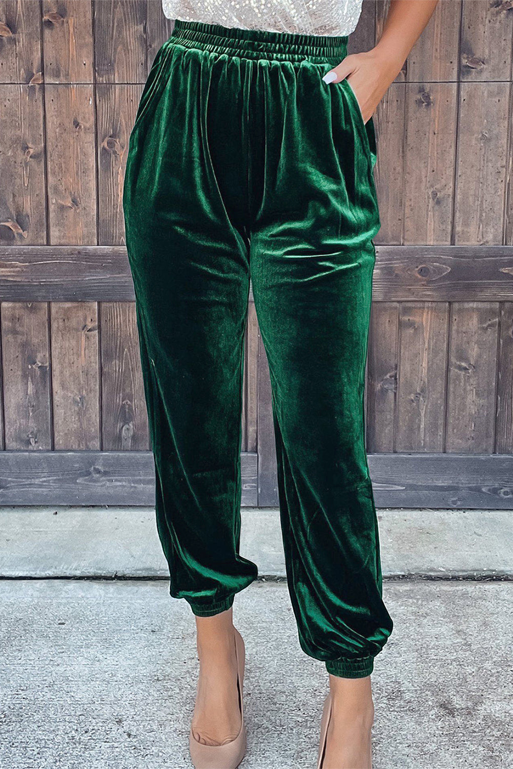 Zelene jednobojne hlače za trčanje od baršuna