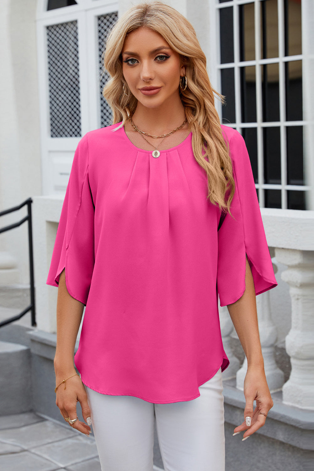 Bright Pink Pleated Round Neck Petal Sleeve Blouse