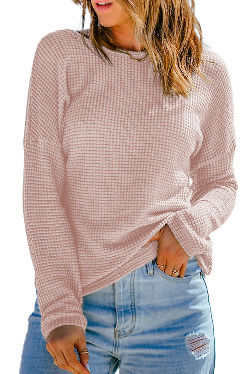 Top a maniche lunghe con spalle scese in maglia a nido d'ape grigio chiaro