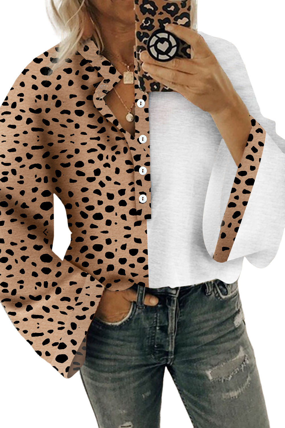 Kaki leopard kontrastna bluza s pol gumbi za prosti čas