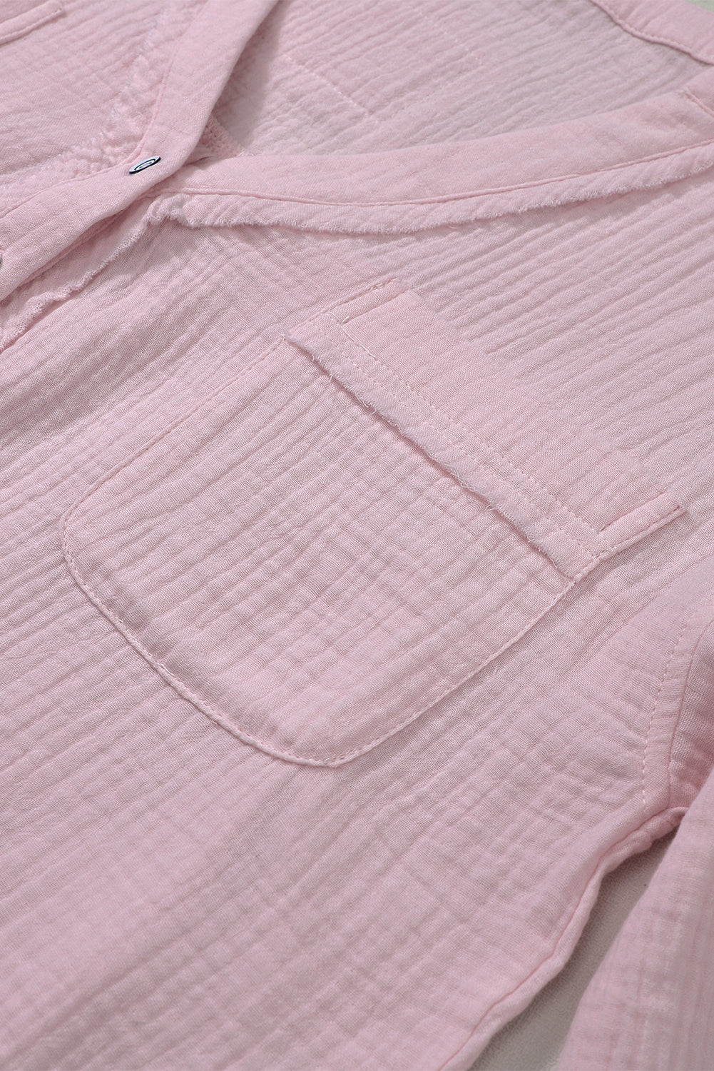 Pink Crinkle Long Sleeve Distressed Split Henley Top