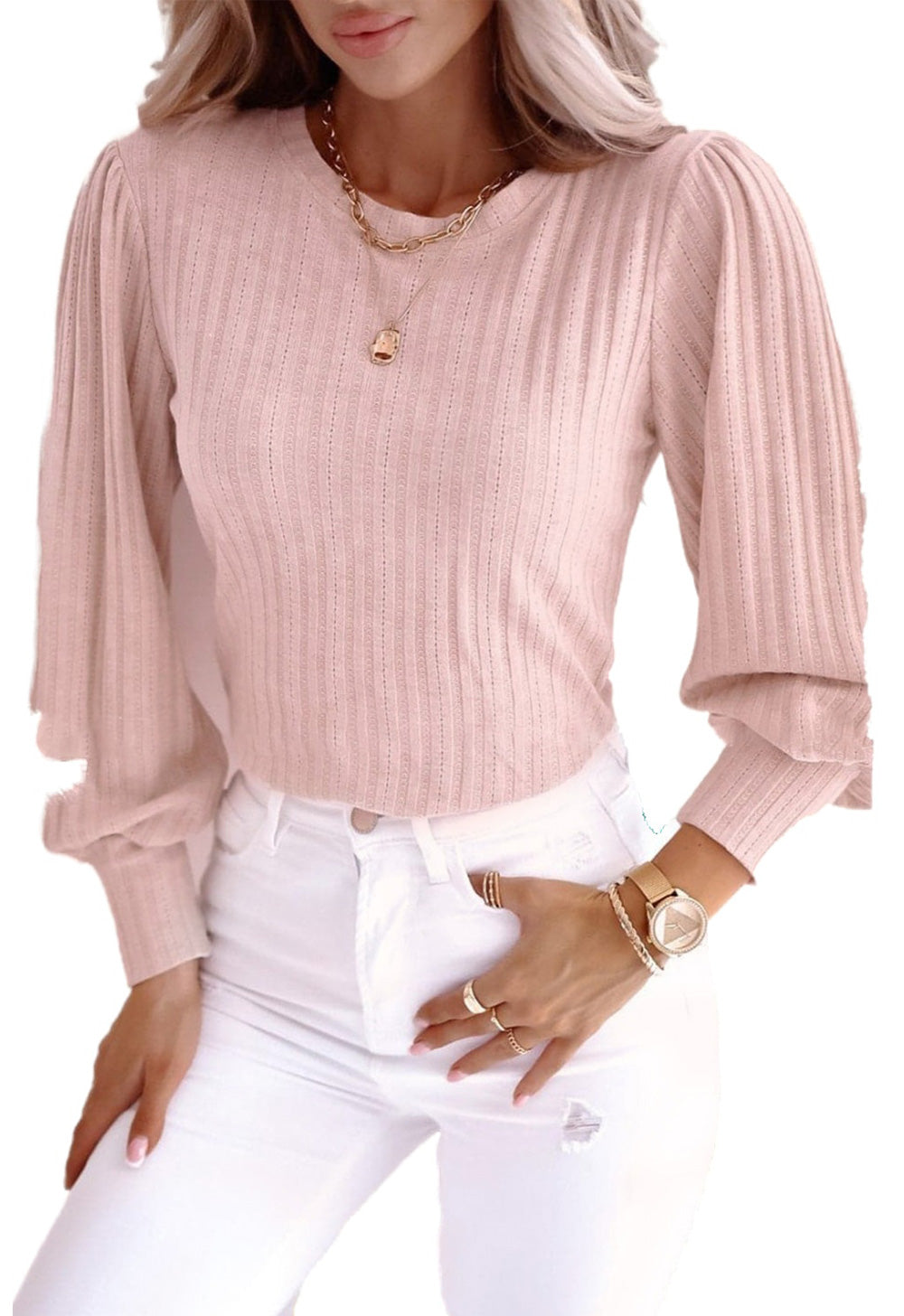 Pletena majica s rukavima s ružičastim prugama