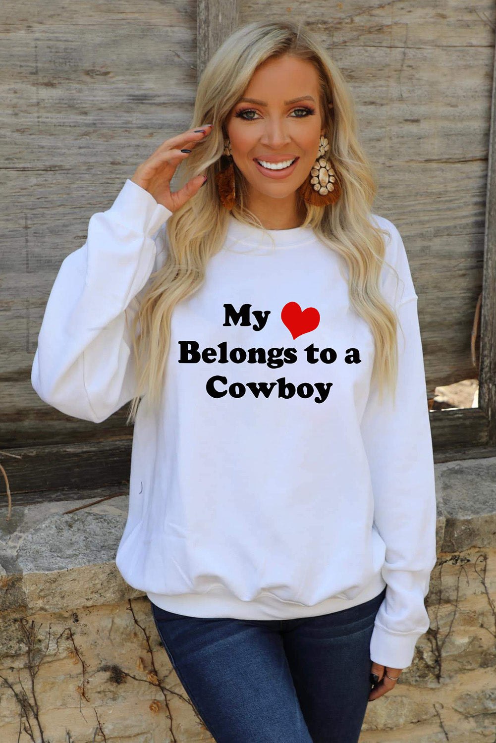 Letter Heart-shape Print Crew Neck Pullover Sweatshirt