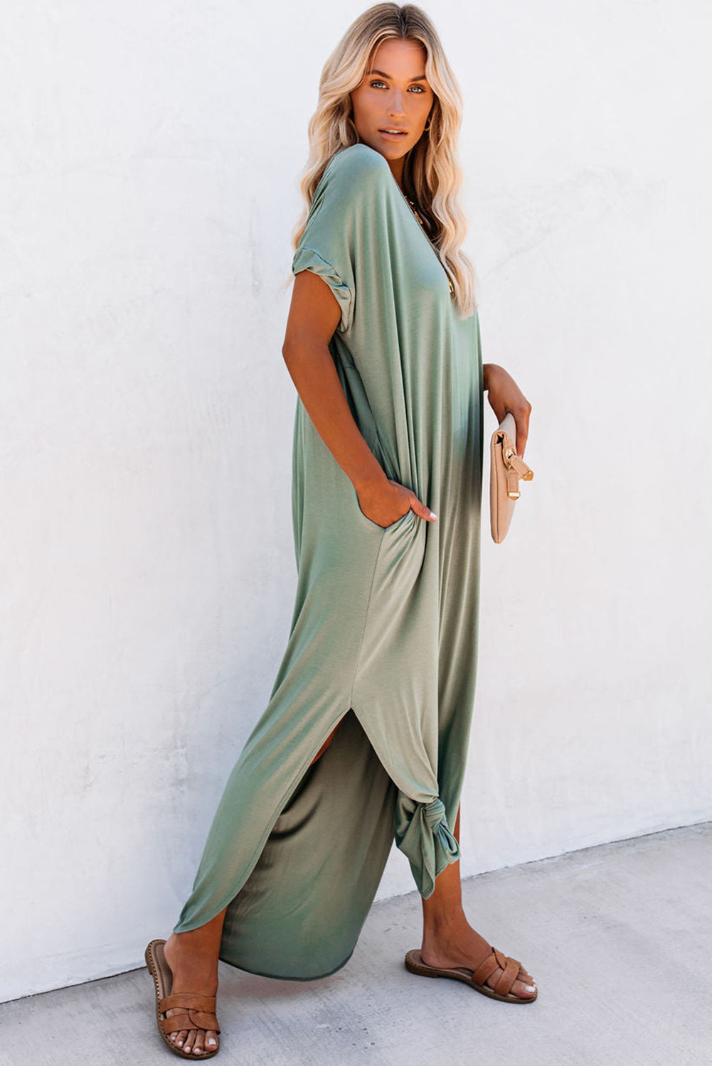 Abito maxi t-shirt con tasche nascoste con scollo a V verde erba