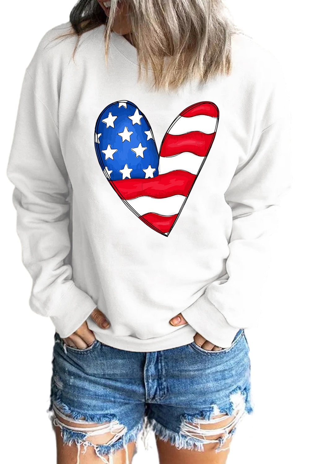 Weißes, langärmliges Pullover-Sweatshirt mit US-Flaggen-Herz-Print