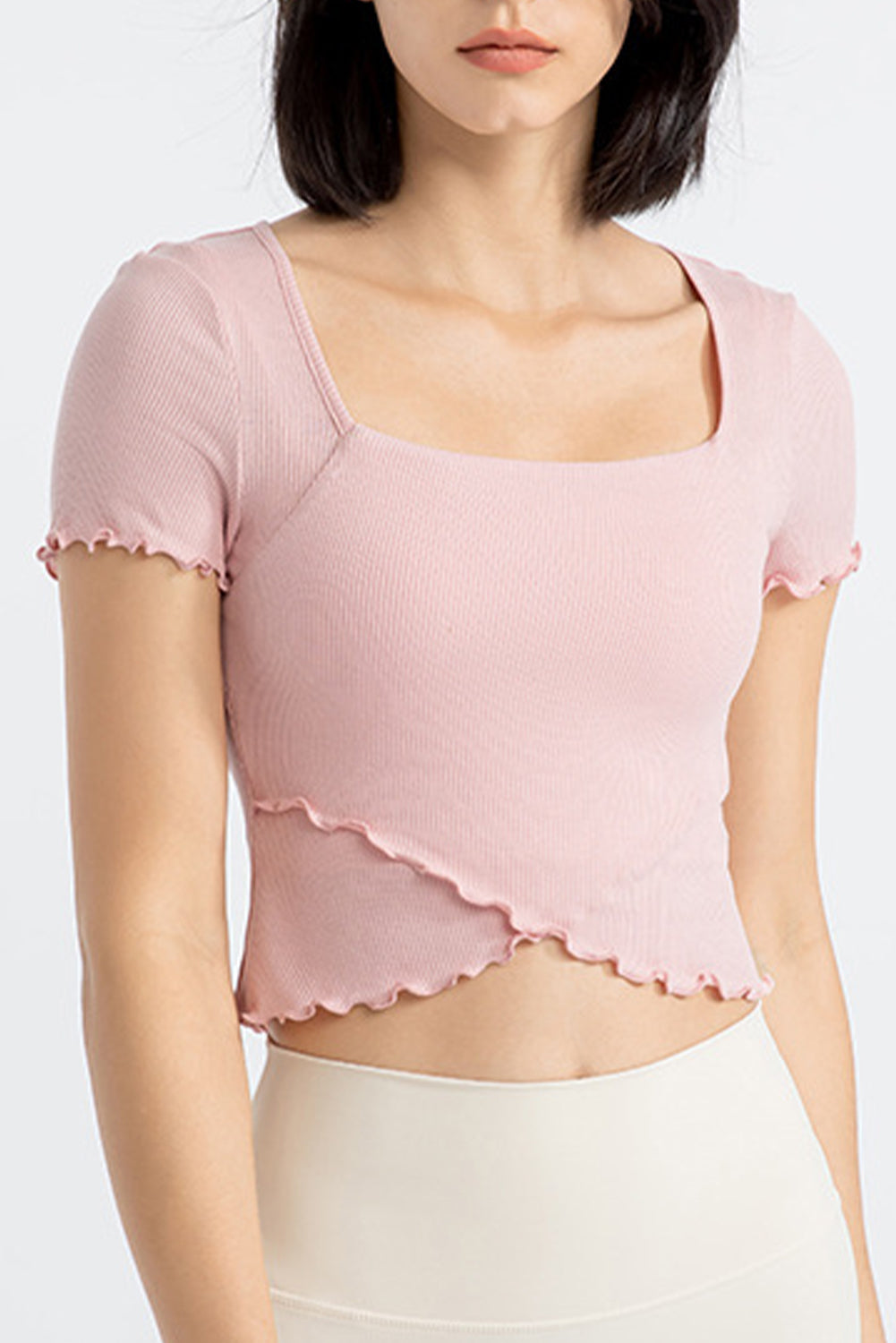 Light Pink Frilly Trim Crossed Hem Cropped Yoga Top