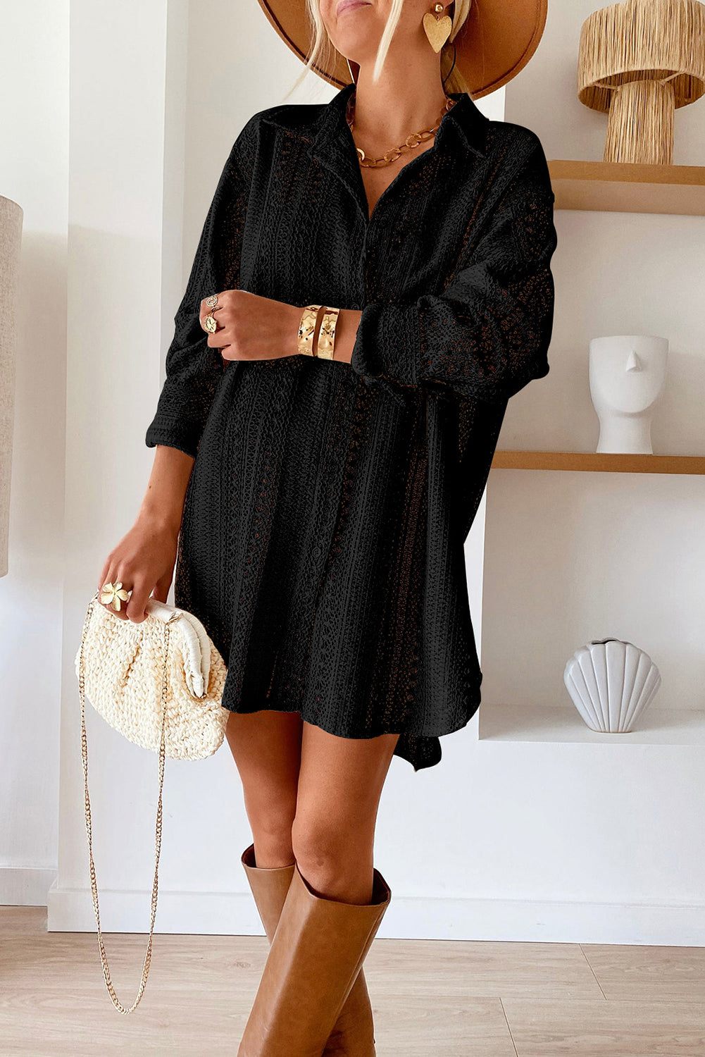 Black Lace Crochet Collared Tunic Oversized Shirt