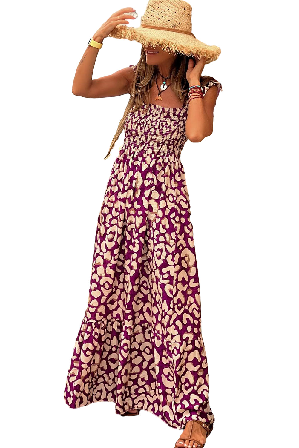 Robe longue smockée taille haute à bretelles à volants et léopard rose