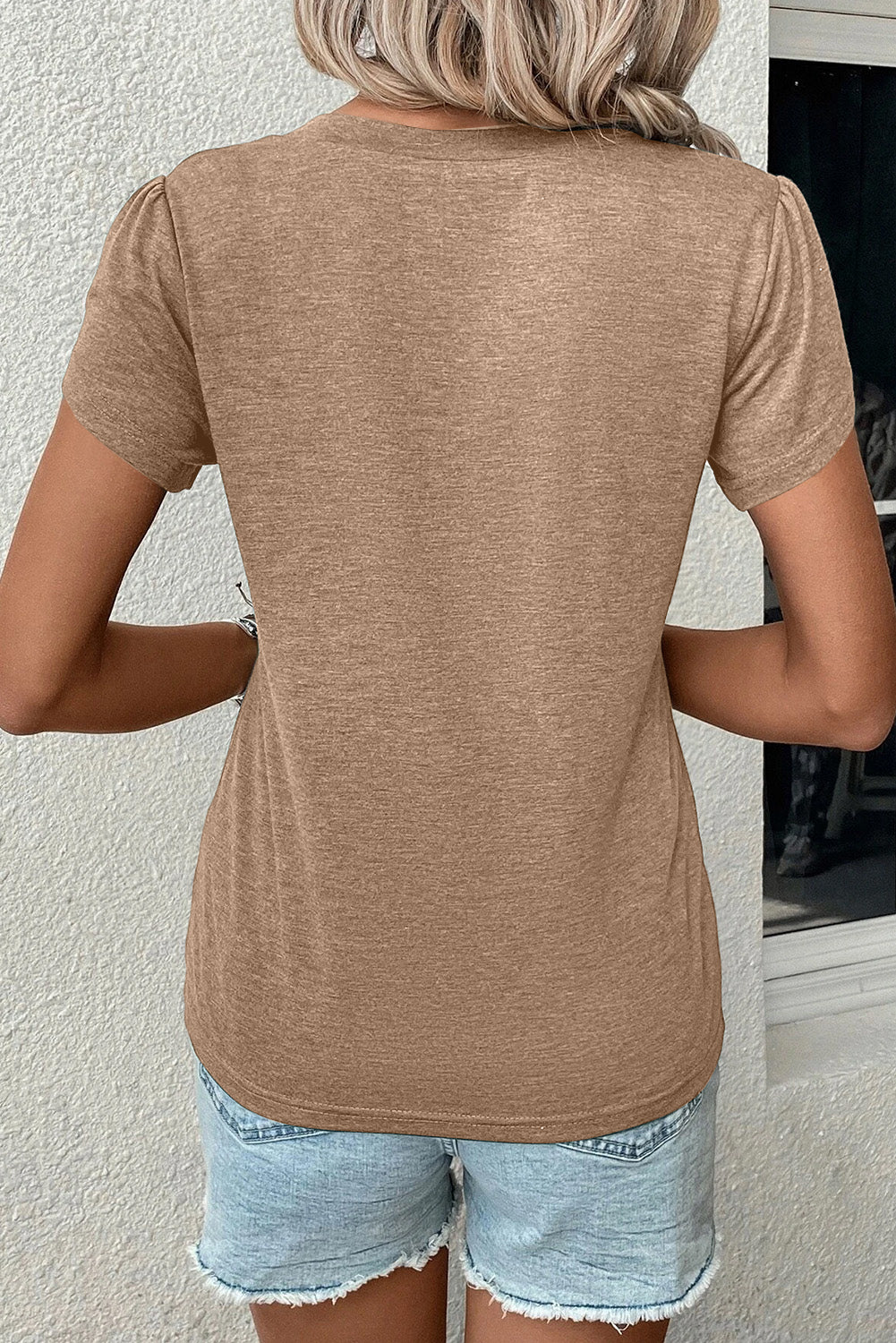 Pale Khaki Fashion Petal Sleeve V Neck T Shirt