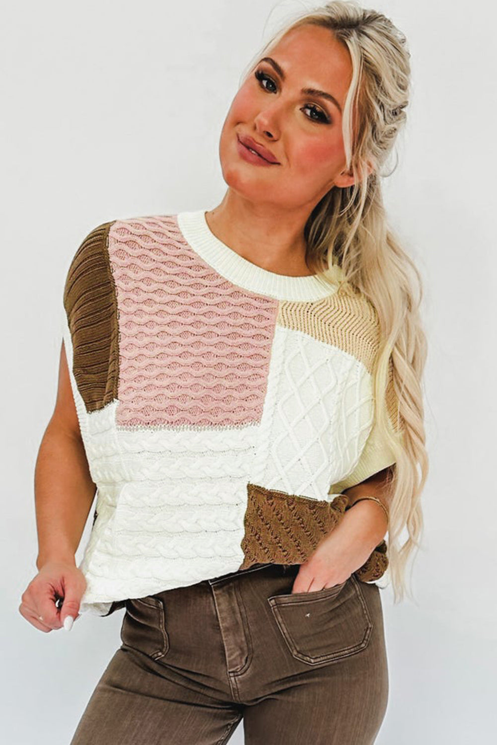 Mehrfarbiges, strukturiertes Pullover-T-Shirt im Colorblock-Mix