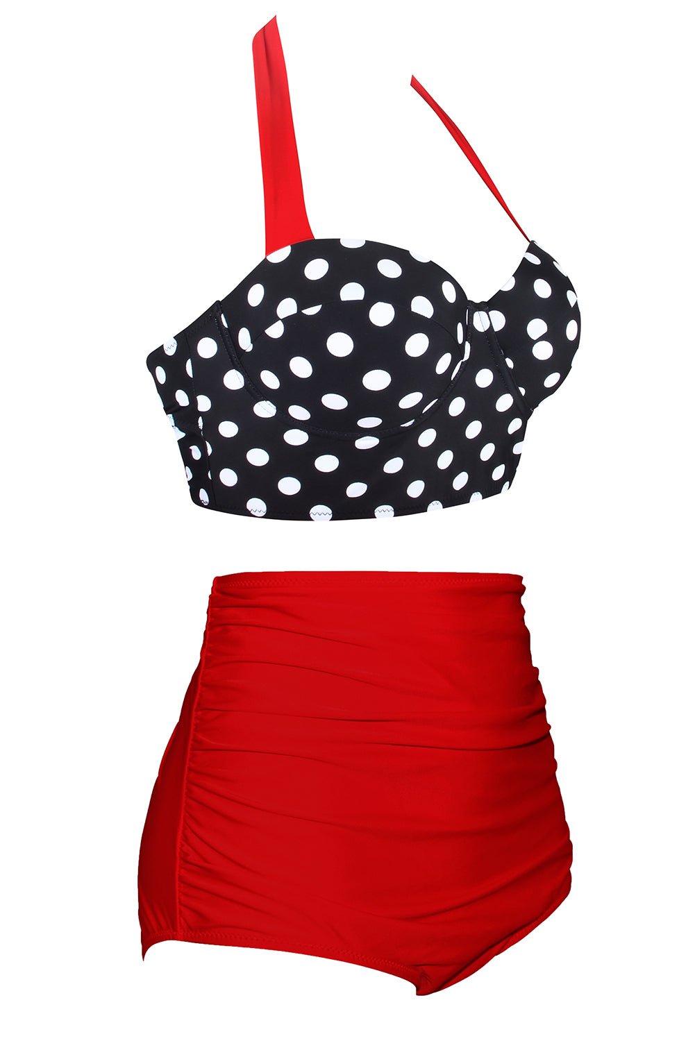 Rdeči vintage bikini s potiskom in visokim pasom s povodcem na pike