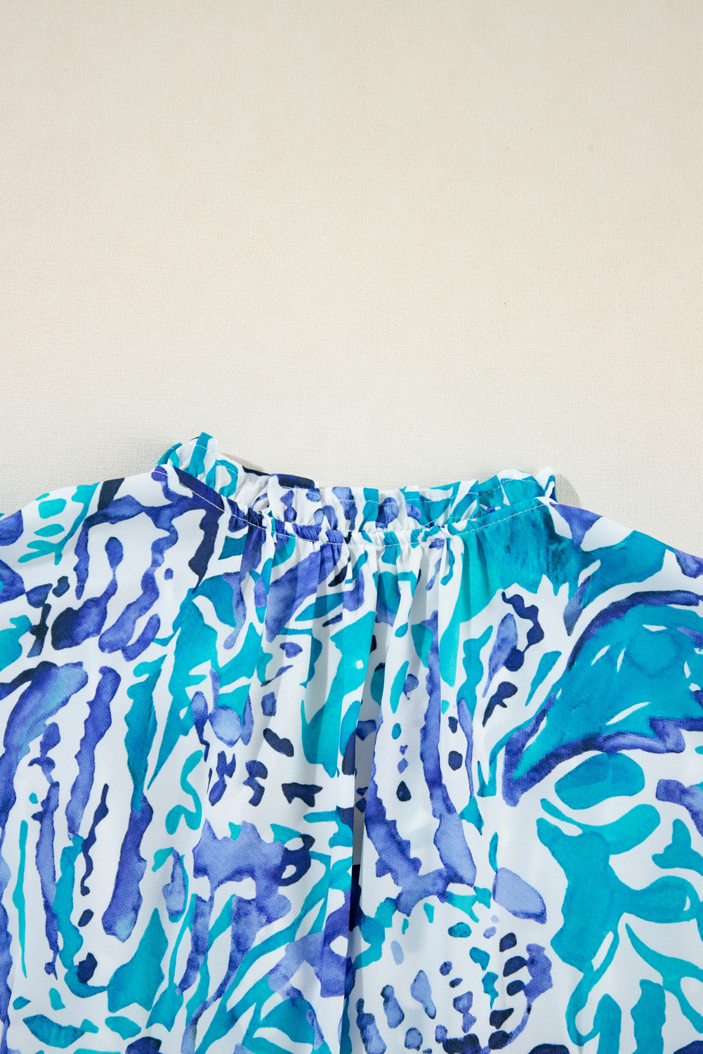 Sky Blue Plus Abstract Print Split Neck Ruffled Sleeve Tiered Long Dress