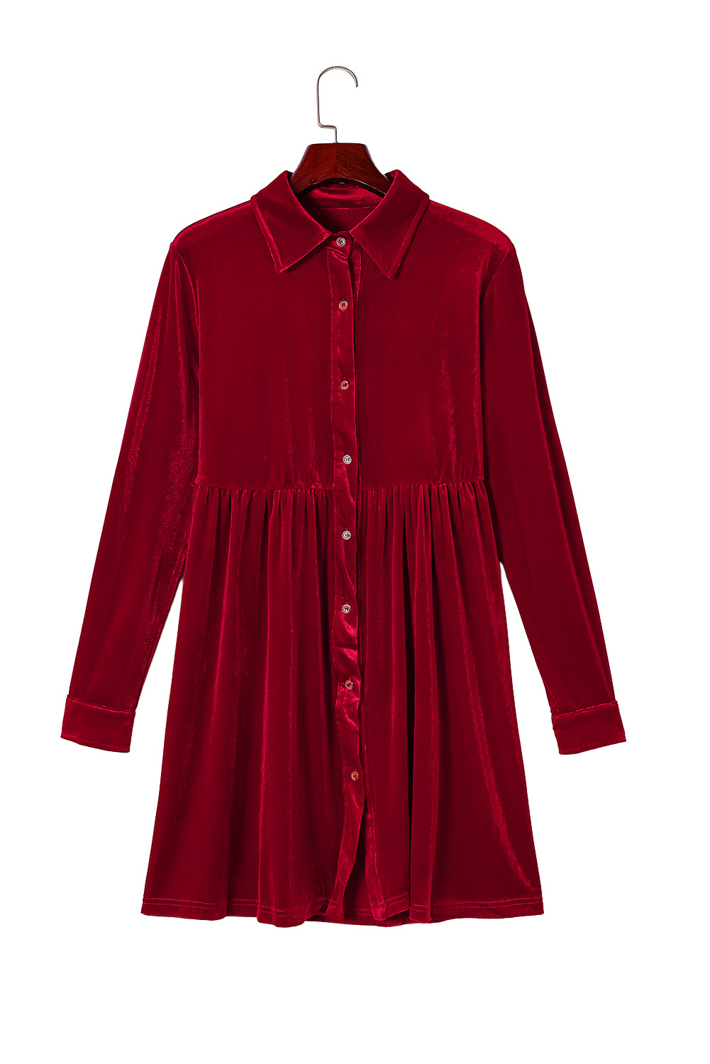 Feuriges, rotes, langärmliges, geknöpftes Kleid aus Samt mit Rüschen