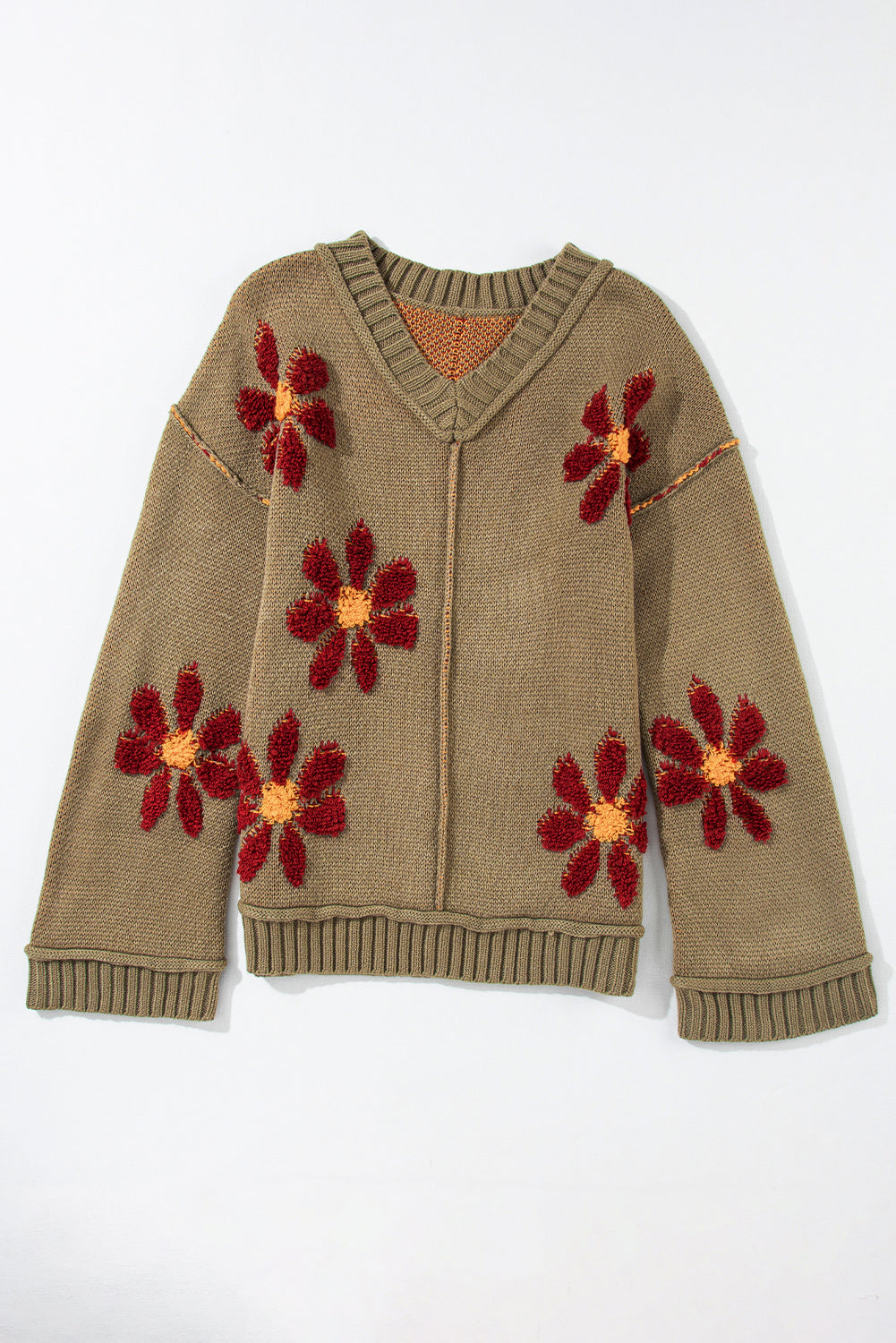 Pleteni rebrasti pulover s V izrezom s kaduljinim zelenim cvijetom