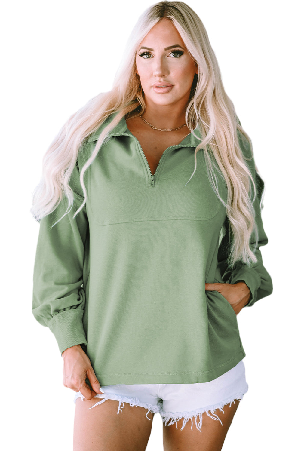 Sweat-shirt décontracté vert à col zippé