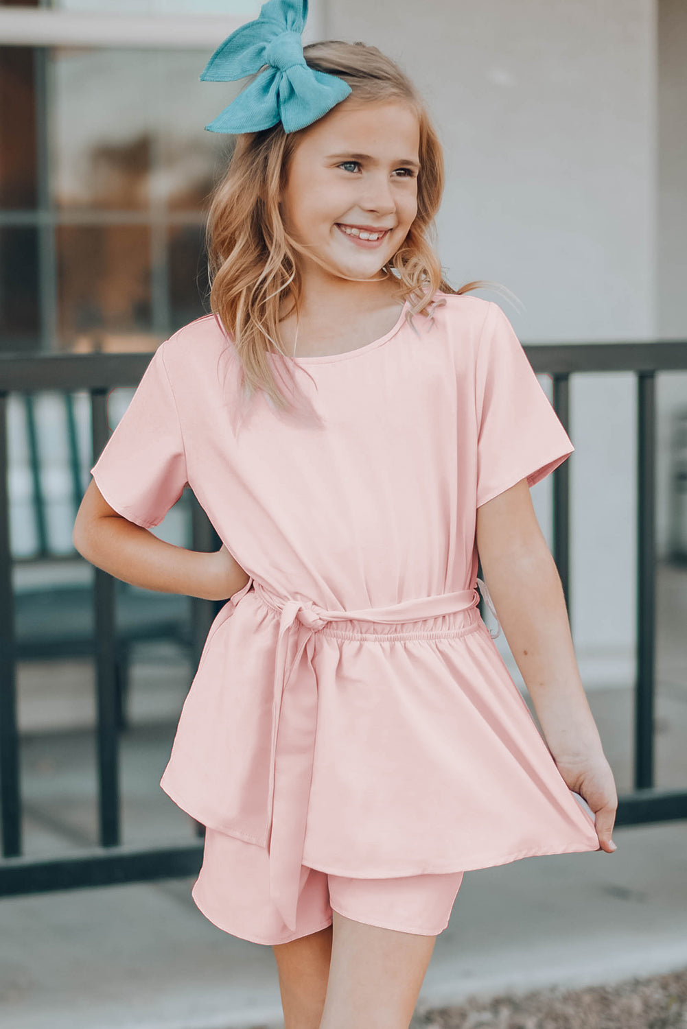 Pink Keyhole Back Belted Peplum Girls Romper