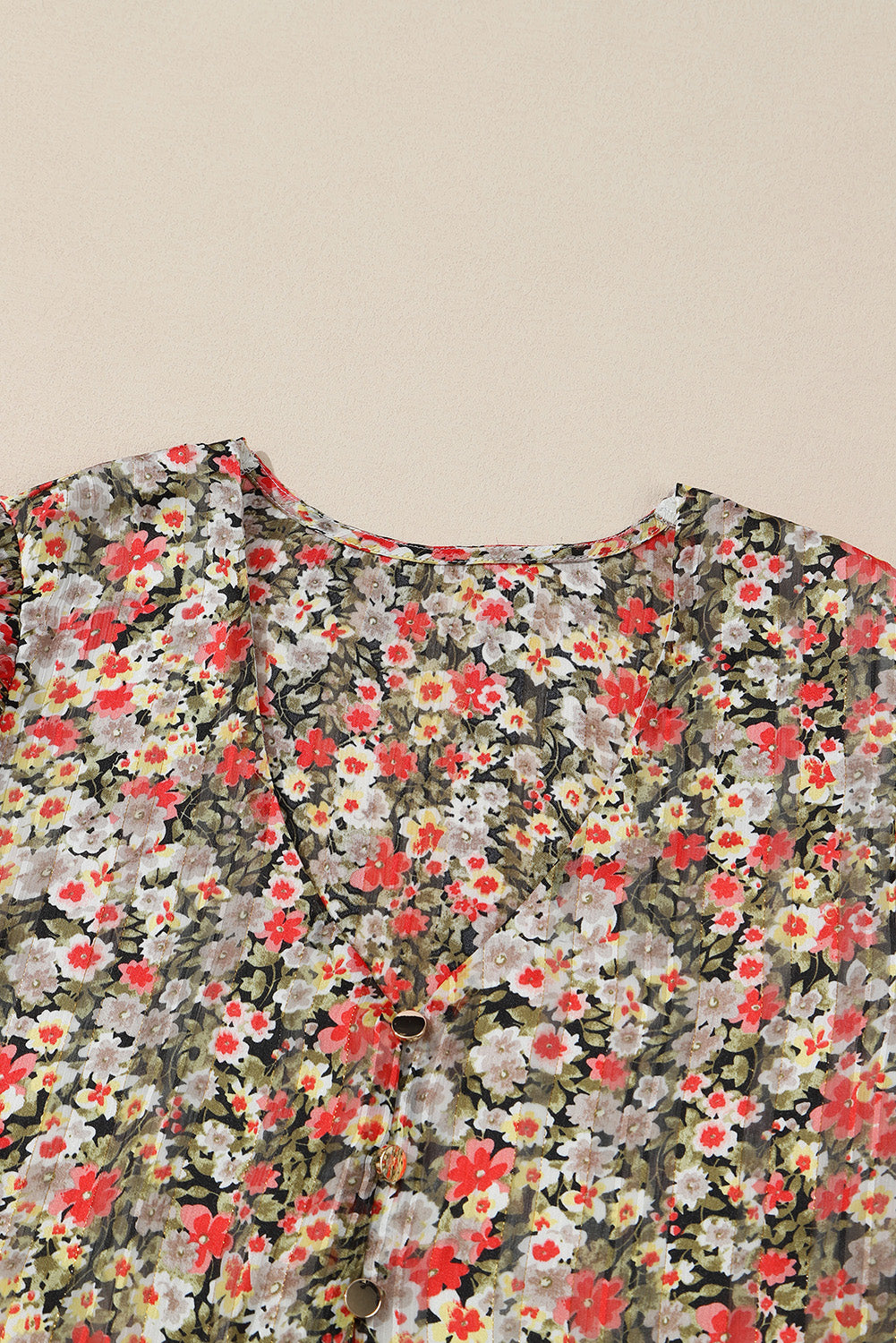 Kaki cvetlična bluza Babydoll z v-izrezom in naborki