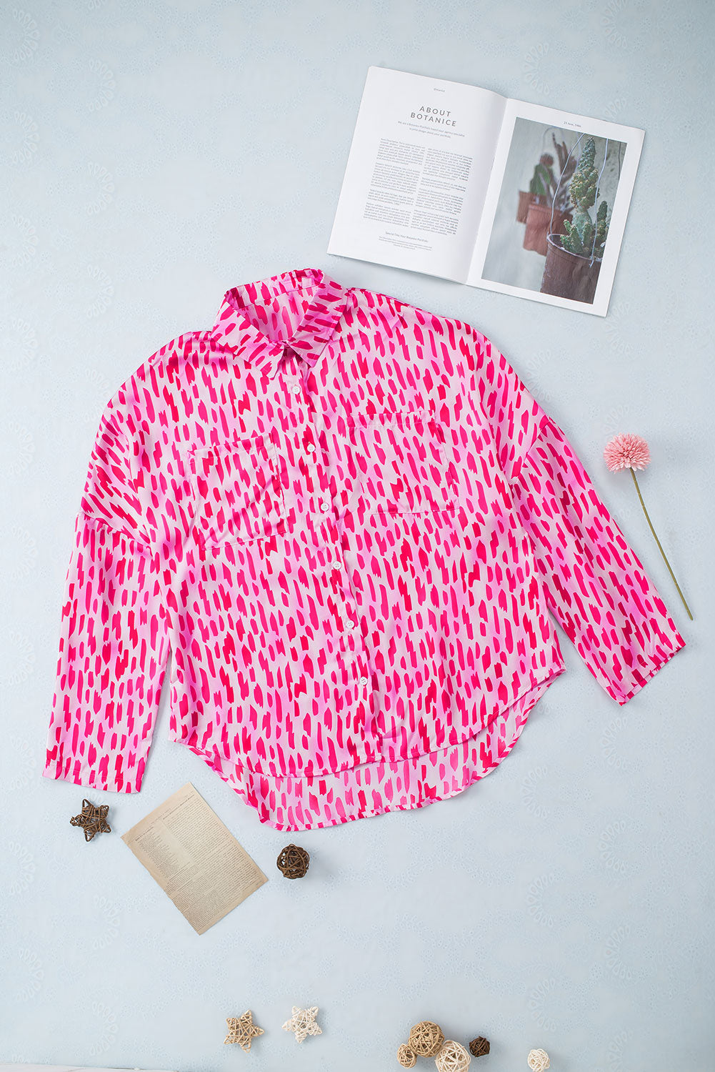 Pink Printed Roll Tab Sleeve Button Up Shirt