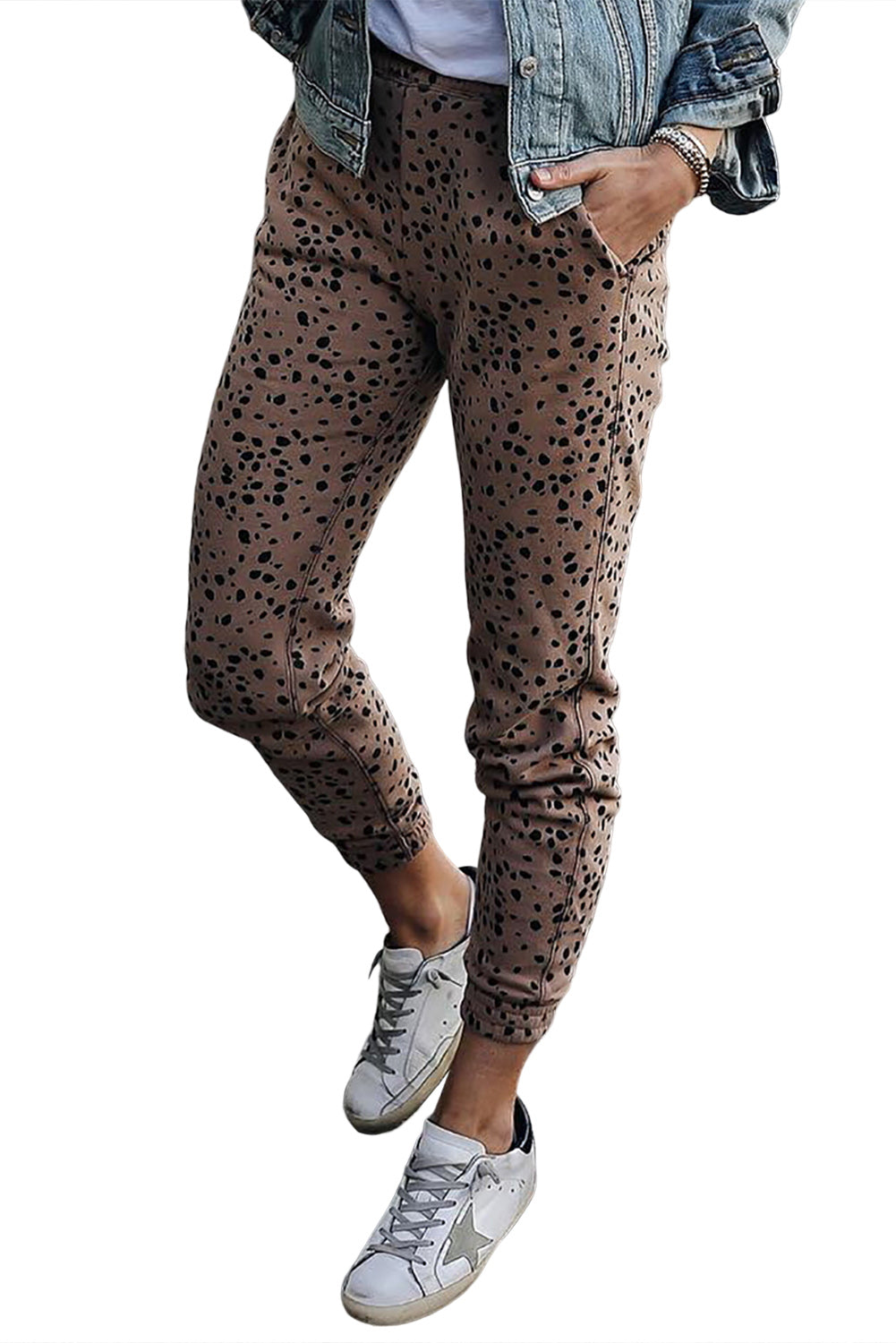 Pantaloni skinny casual con tasche con macchie di animali leopardati