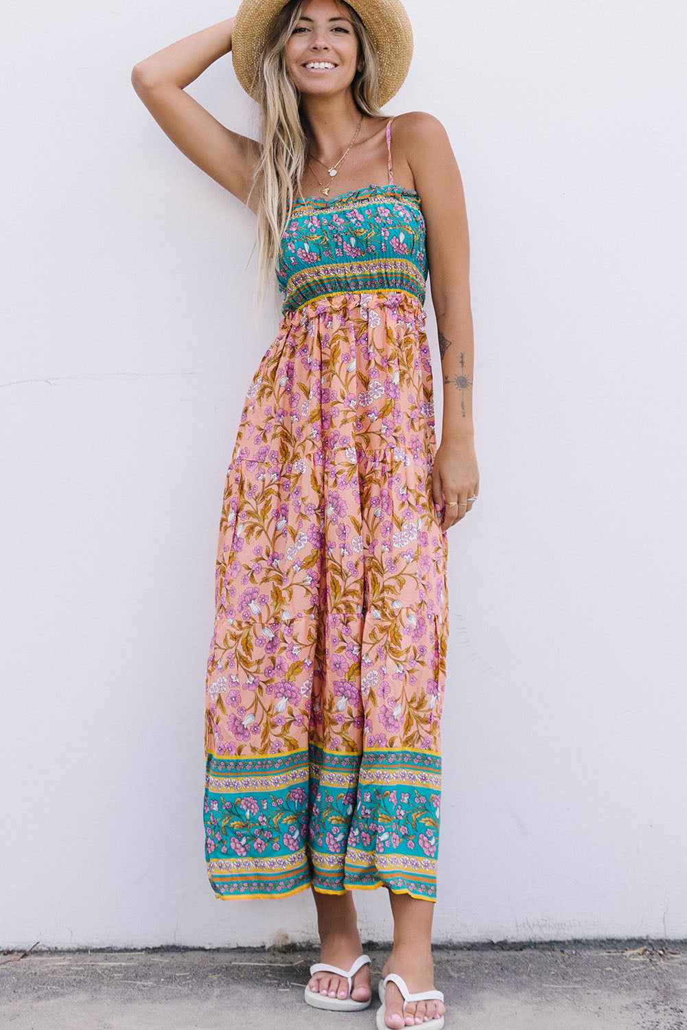 Maxi haljina sa steznikom s cvjetnim printom i naramenicama