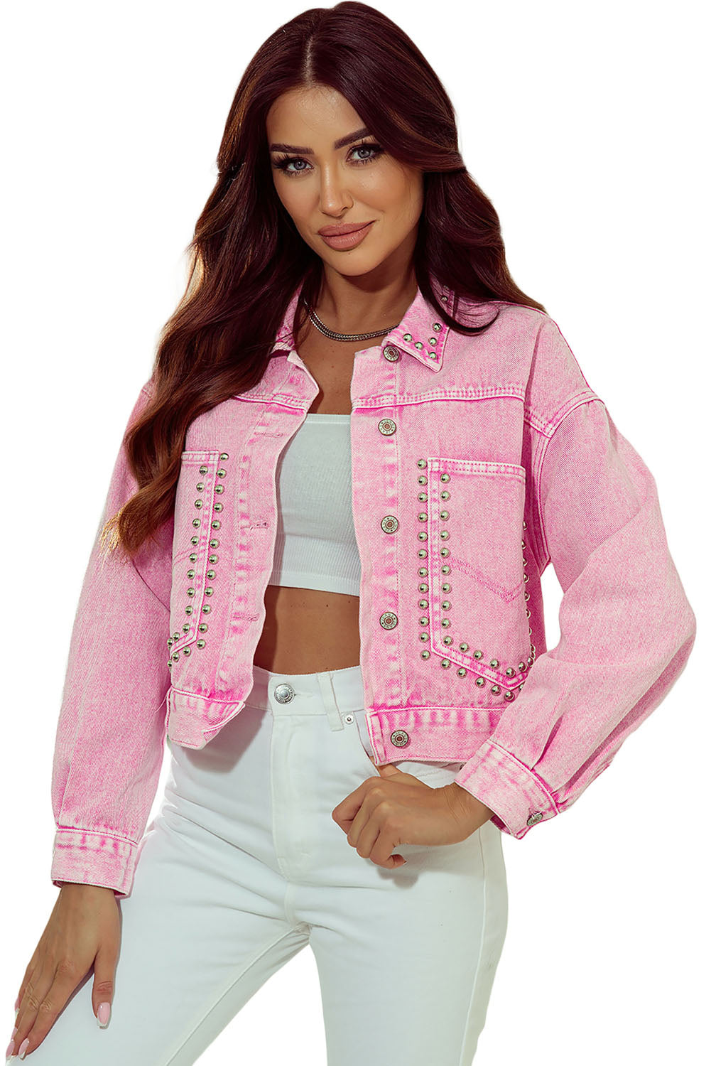 Ružičasta traper jakna s džepovima i zakovicama