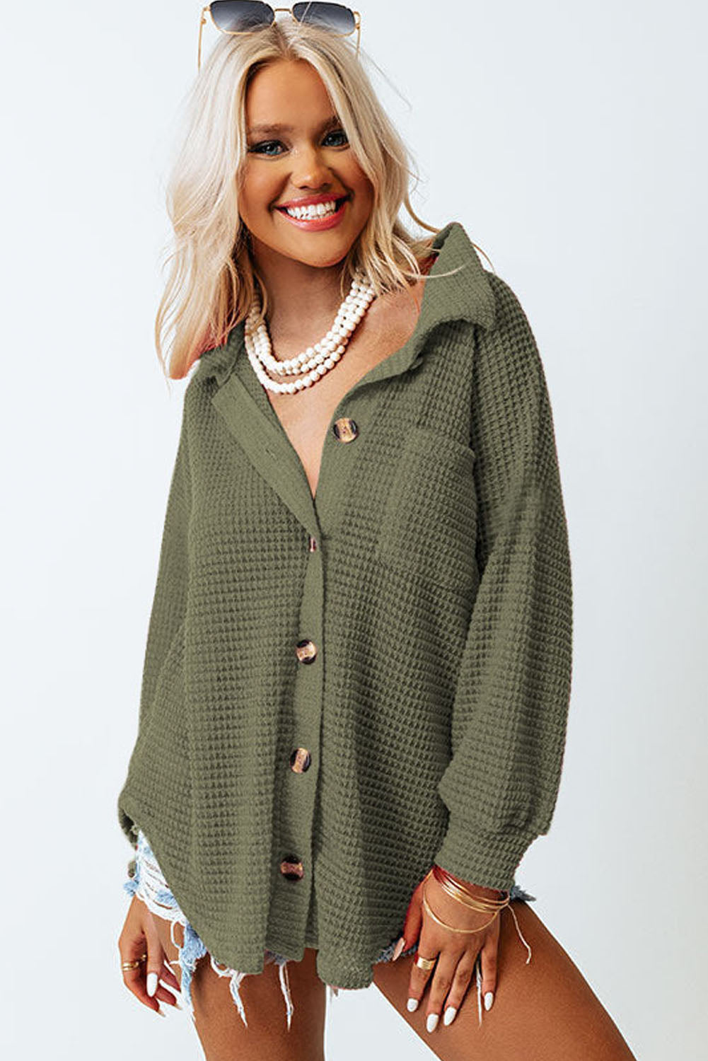 Chemise décontractée boutonnée en tricot gaufré vert