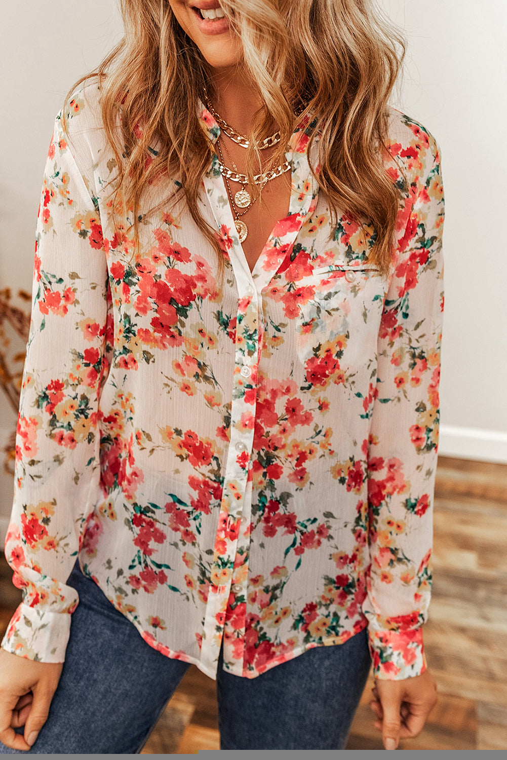 Živopisna košulja s džepovima na prsima s cvjetnim printom