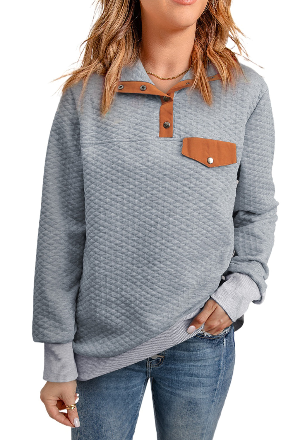 Graues, gestepptes Pullover-Sweatshirt mit Druckknöpfen, Stehkragen und Fake-Fronttasche