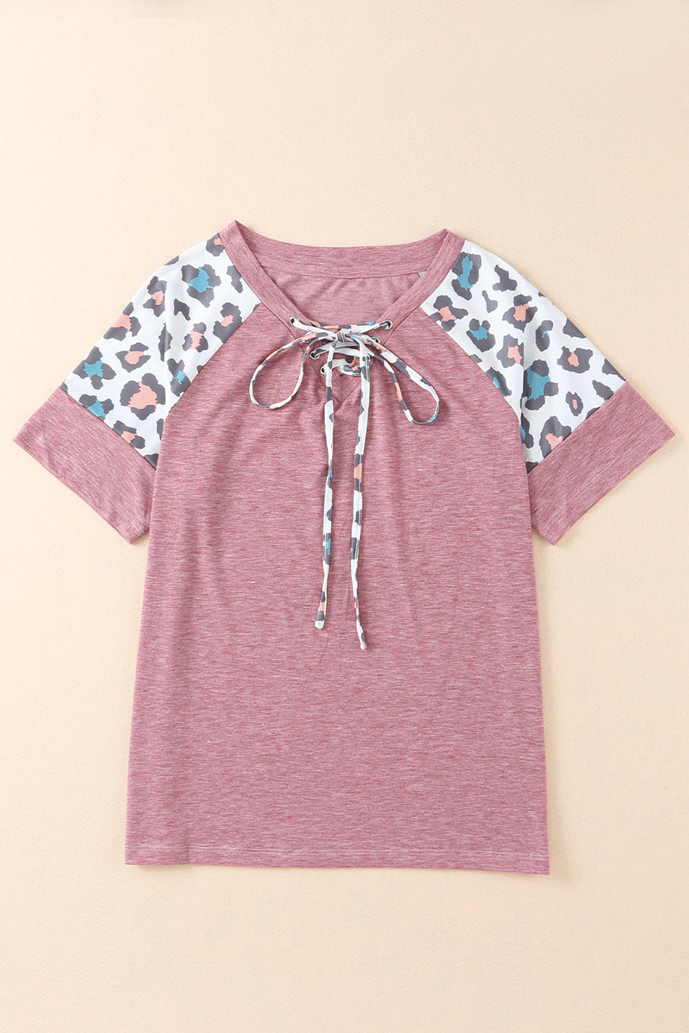 Pink Lace up Leopard Sleeve T Shirt