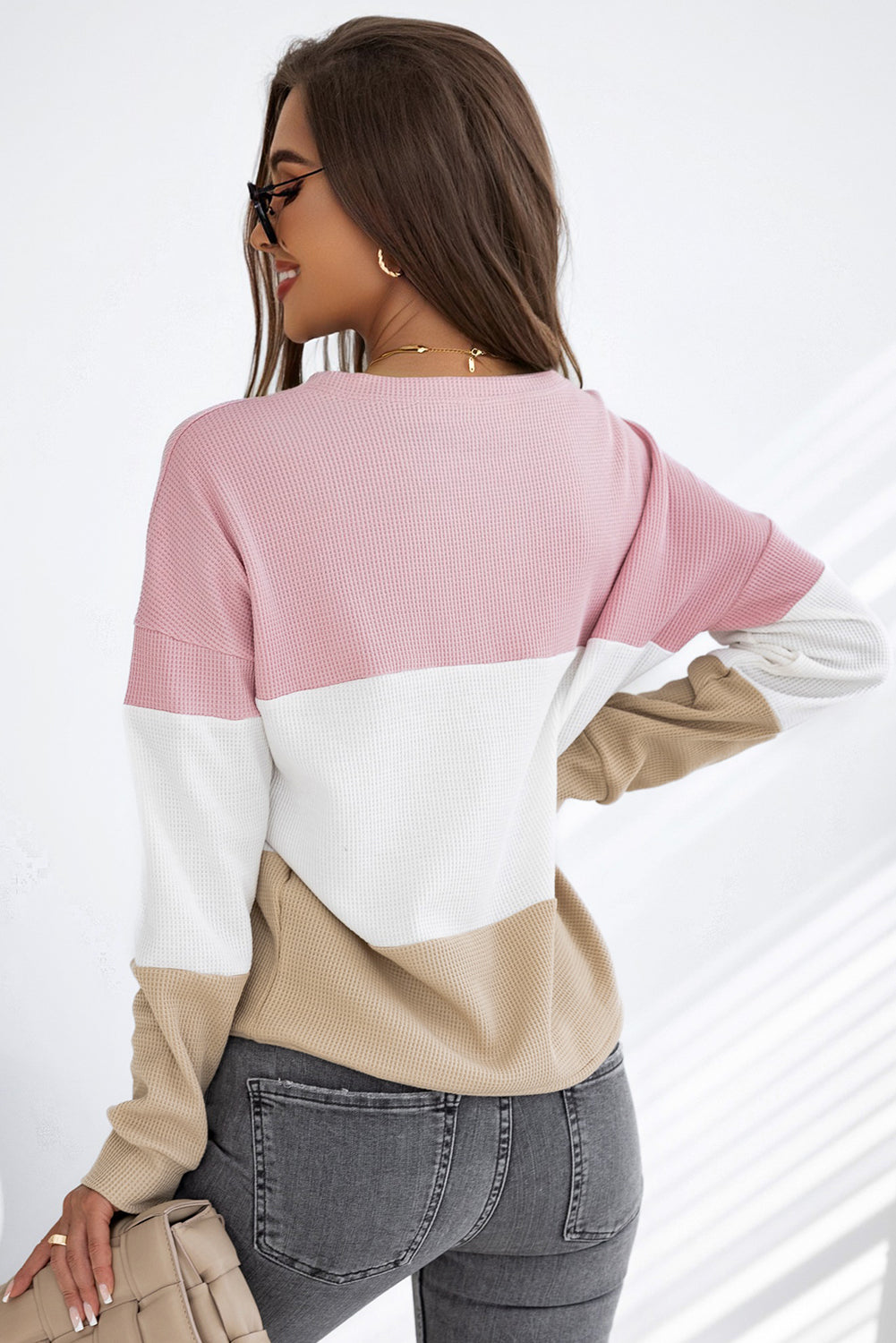 Haut à manches longues en tricot gaufré color block rose