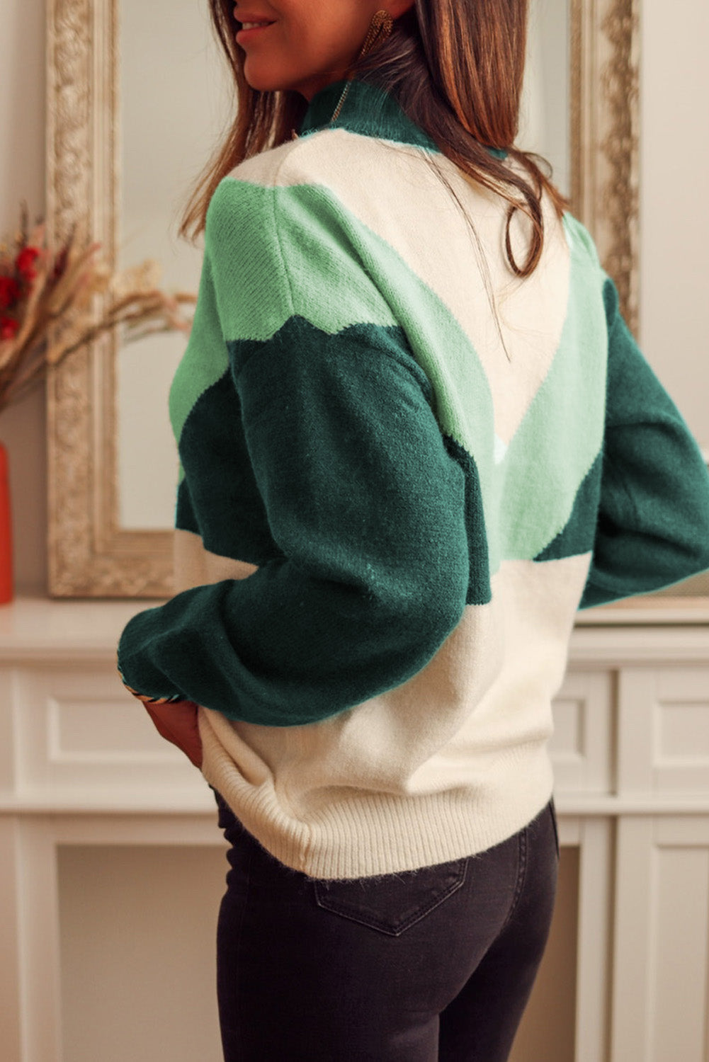 Večbarvni geometrijski barvni blok pleten pulover z gumbi z V izrezom