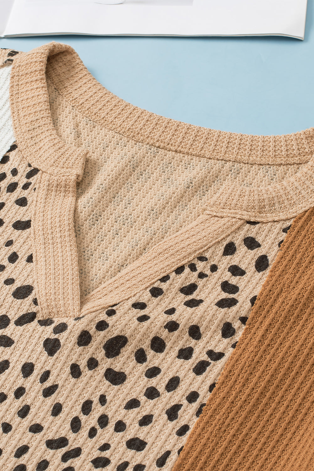 Leopard Print Waffle Knit Patchwork Exposed Seam Top