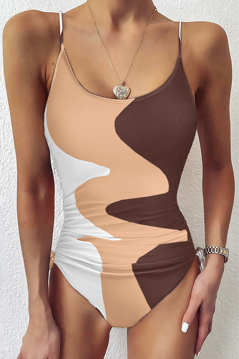 Khaki Printed Color Block Drawstring Sides One Piece Swimsuit