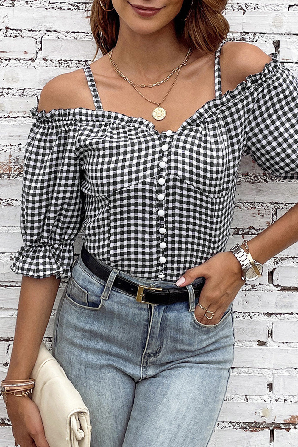 Black Sweetheart Gingham Button Down Cold Shoulder Blouse