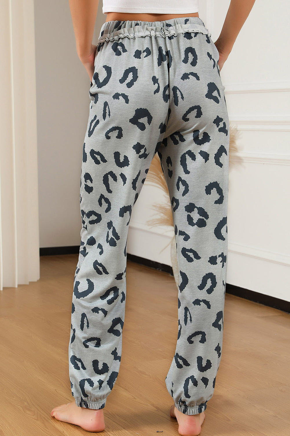 Pantalon de jogging taille haute à cordon de serrage imprimé léopard gris
