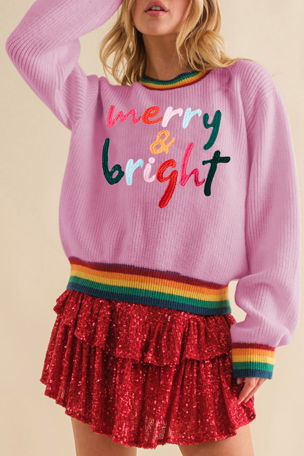Bonbon Merry & Bright Pullover mit bunten Streifenbesatz