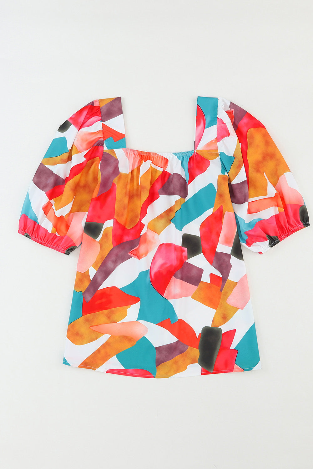 Večbarvna bluza s kratkimi rokavi in ​​abstraktnim potiskom s kvadratnim ovratnikom
