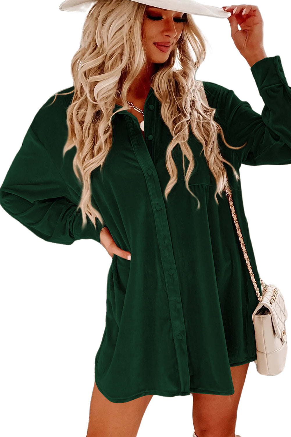 Schwarzgrünes Samt-Hemd-Minikleid mit Knopfleiste vorne