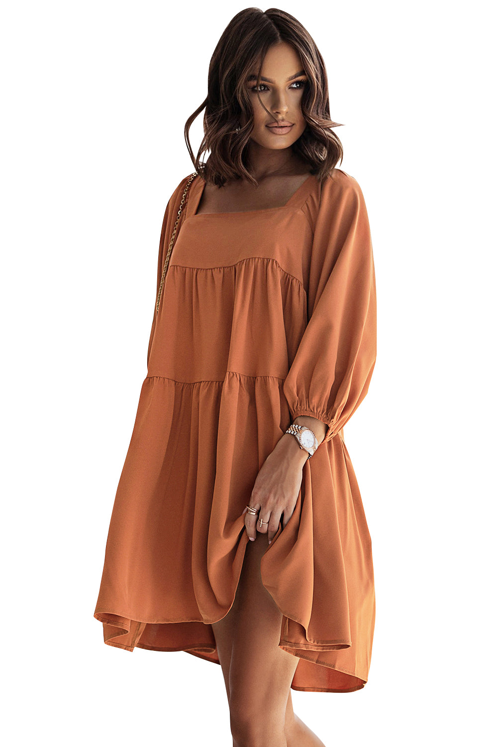 Mini-robe marron à col carré, demi-manches, haute et basse