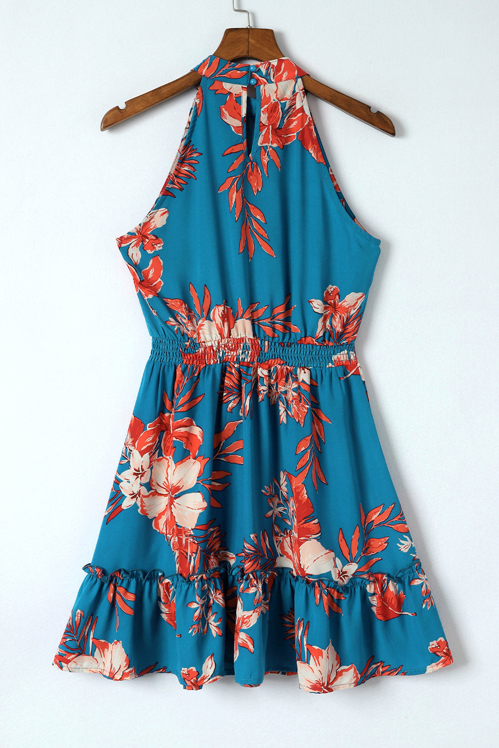 Mini-robe à volants sans manches à imprimé floral bleu ciel