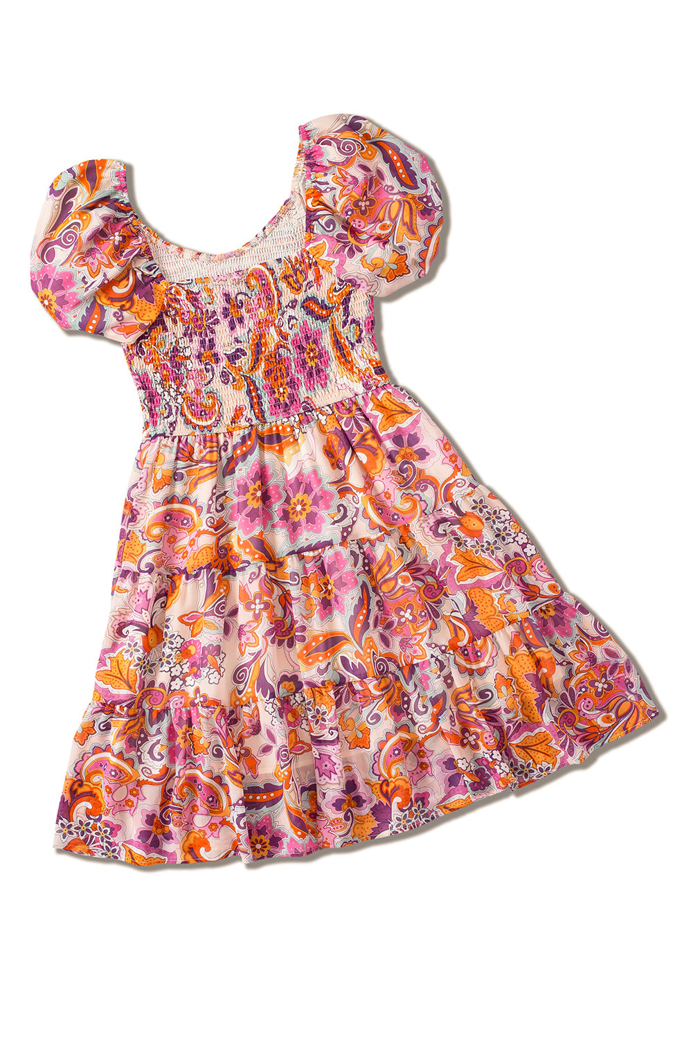 Mini-robe multicolore à imprimé bohème, smockée, à volants et manches bouffantes