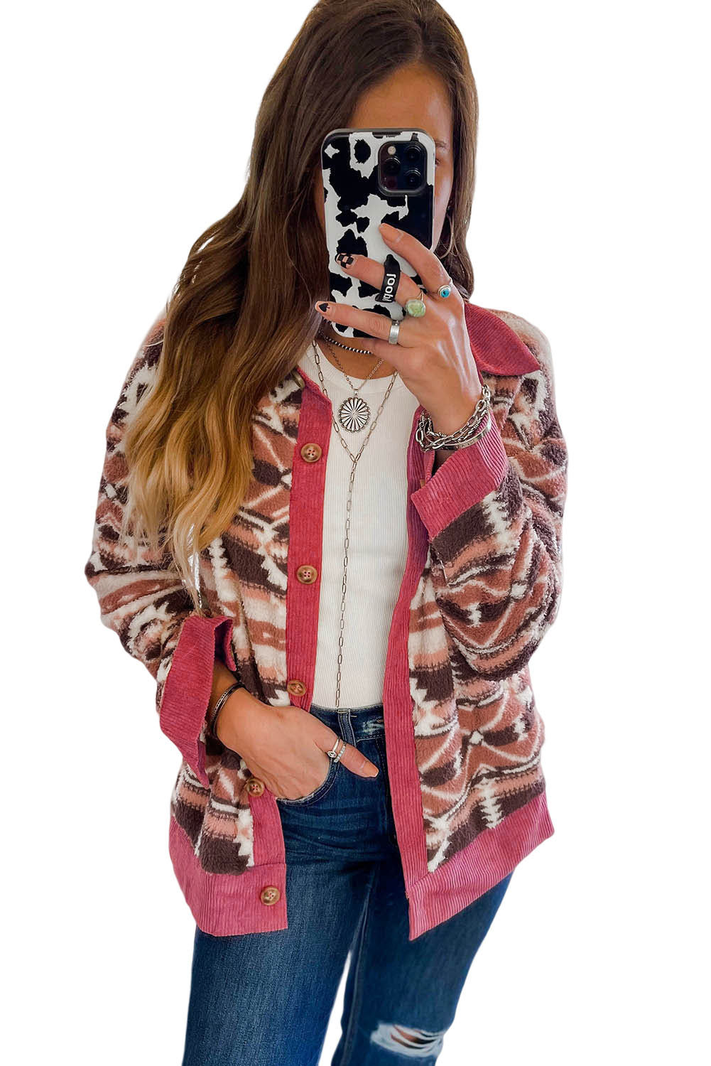 Giacca con finiture in velluto a coste sherpa western rosa
