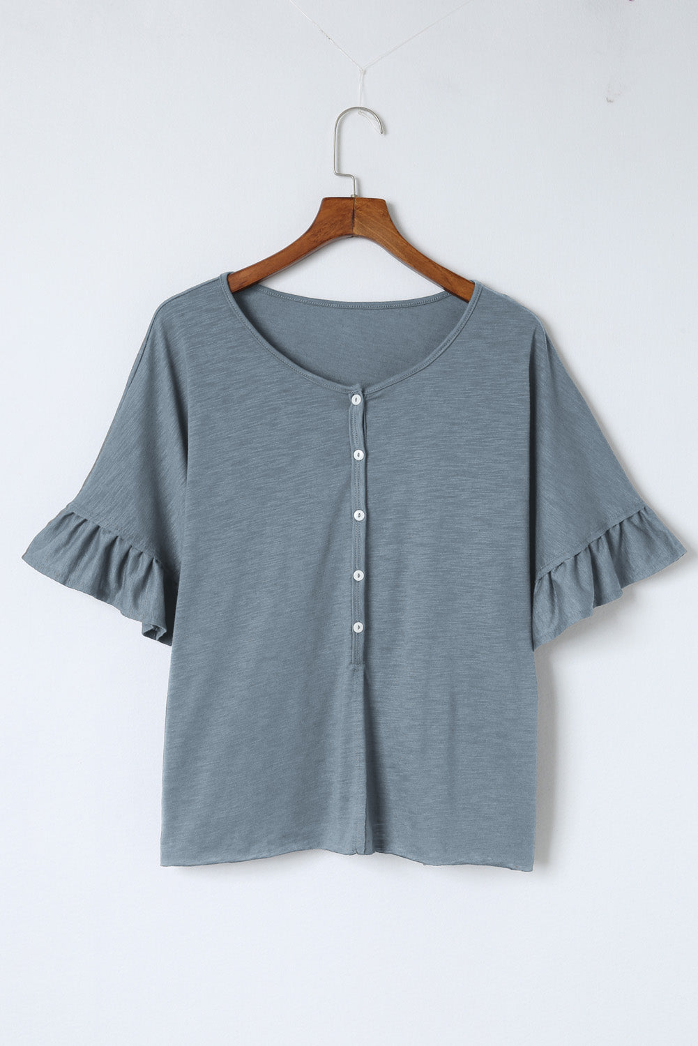 Gray Ruffled Half Sleeve Buttoned Loose T Shirt