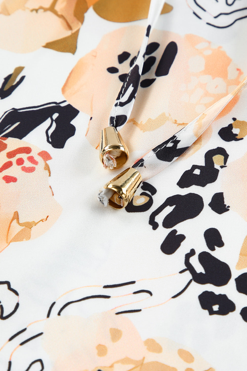 Gold Leopard Floral Print Split Neck Puff Sleeve Blouse