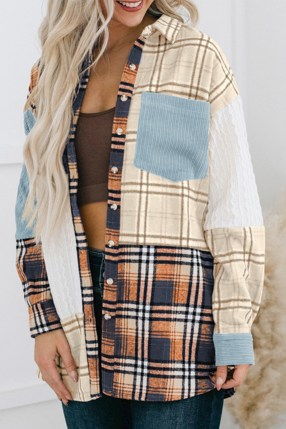 Blue Plaid Color Block Patchwork Shirt Jacket with Pocket