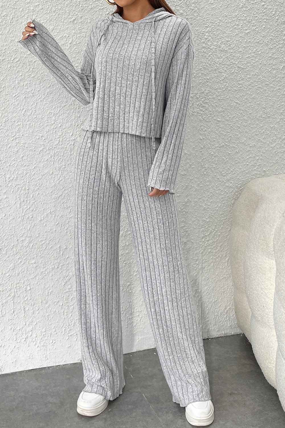 Gray Ribbed Knit Slouchy Hoodie Wide Leg Pants Set