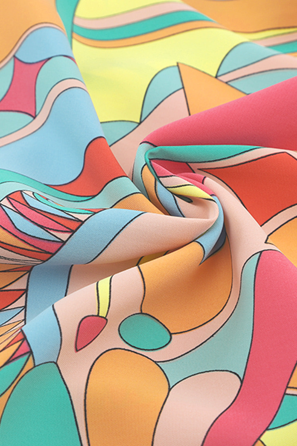 Robe évasée multicolore à imprimé géométrique abstrait et pompon