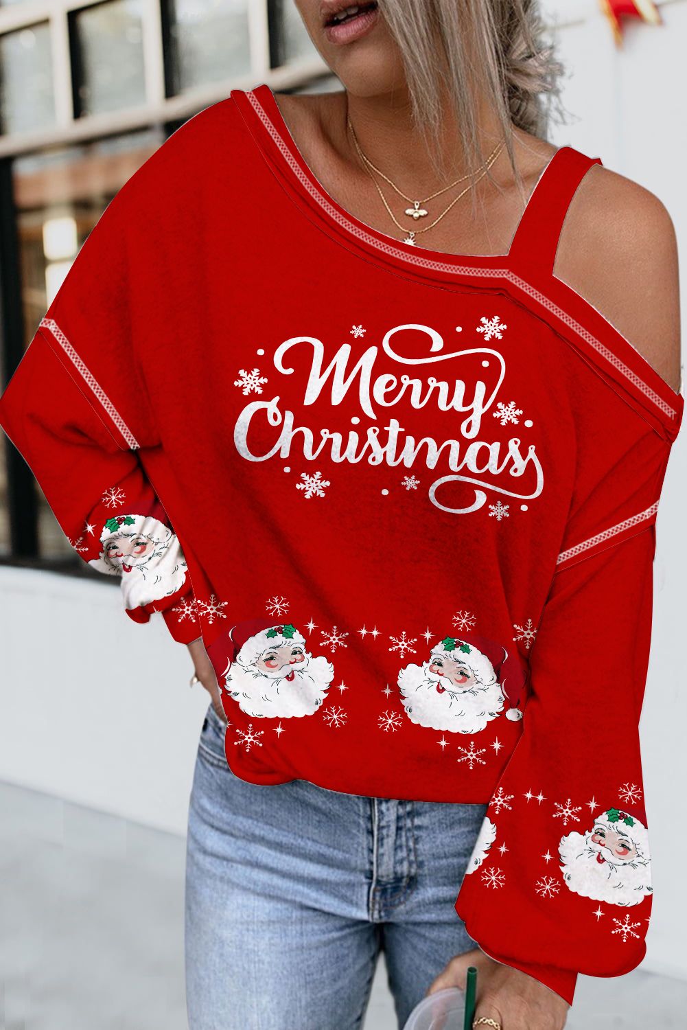 Feurig rote, asymmetrische, schulterfreie Bluse mit weihnachtlichem Weihnachtsmann-Print
