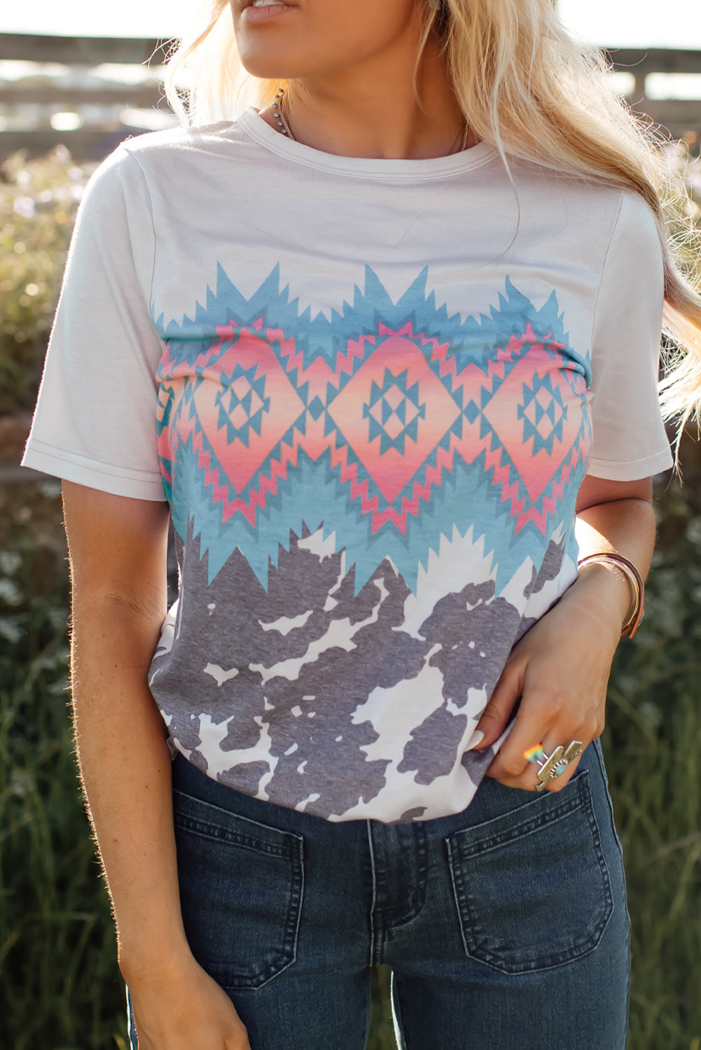 Večbarvna majica s kratkimi rokavi Aztec Geometric Print