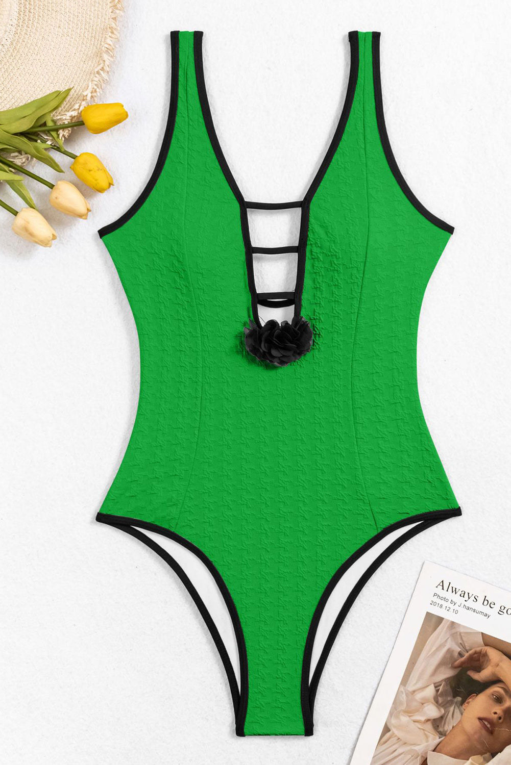 Svijetlo zelene 3D cvjetne ljestve, izrezani teksturirani jednodijelni kupaći kostim
